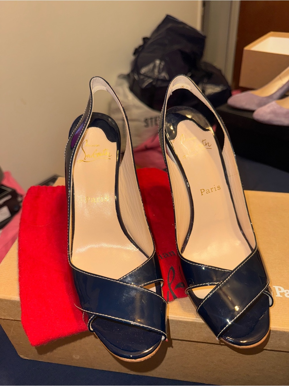 Christian Louboutin Navy Patent Cross-Vamp Peep-Toe Pumps brand new